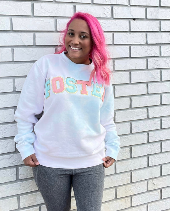 Foster Blue And Coral Pink Chenille Letters Adult Sweatshirt
